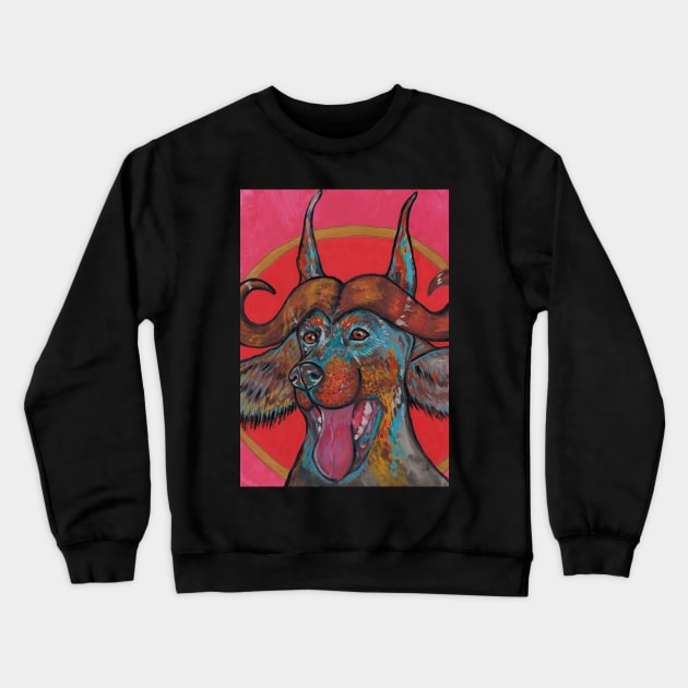 Satanic doberman with big horns Crewneck Sweatshirt by deadblackpony